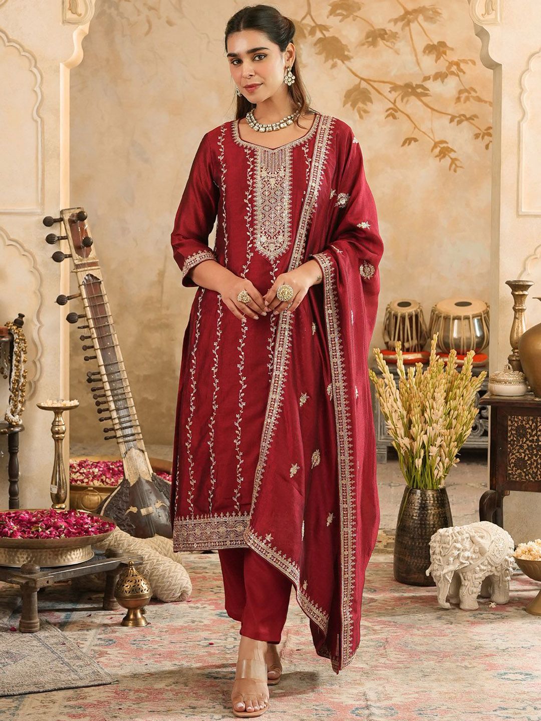 Women Ethnic Motifs Embroidered Sequinned Kurta with Trousers & Dupatta
