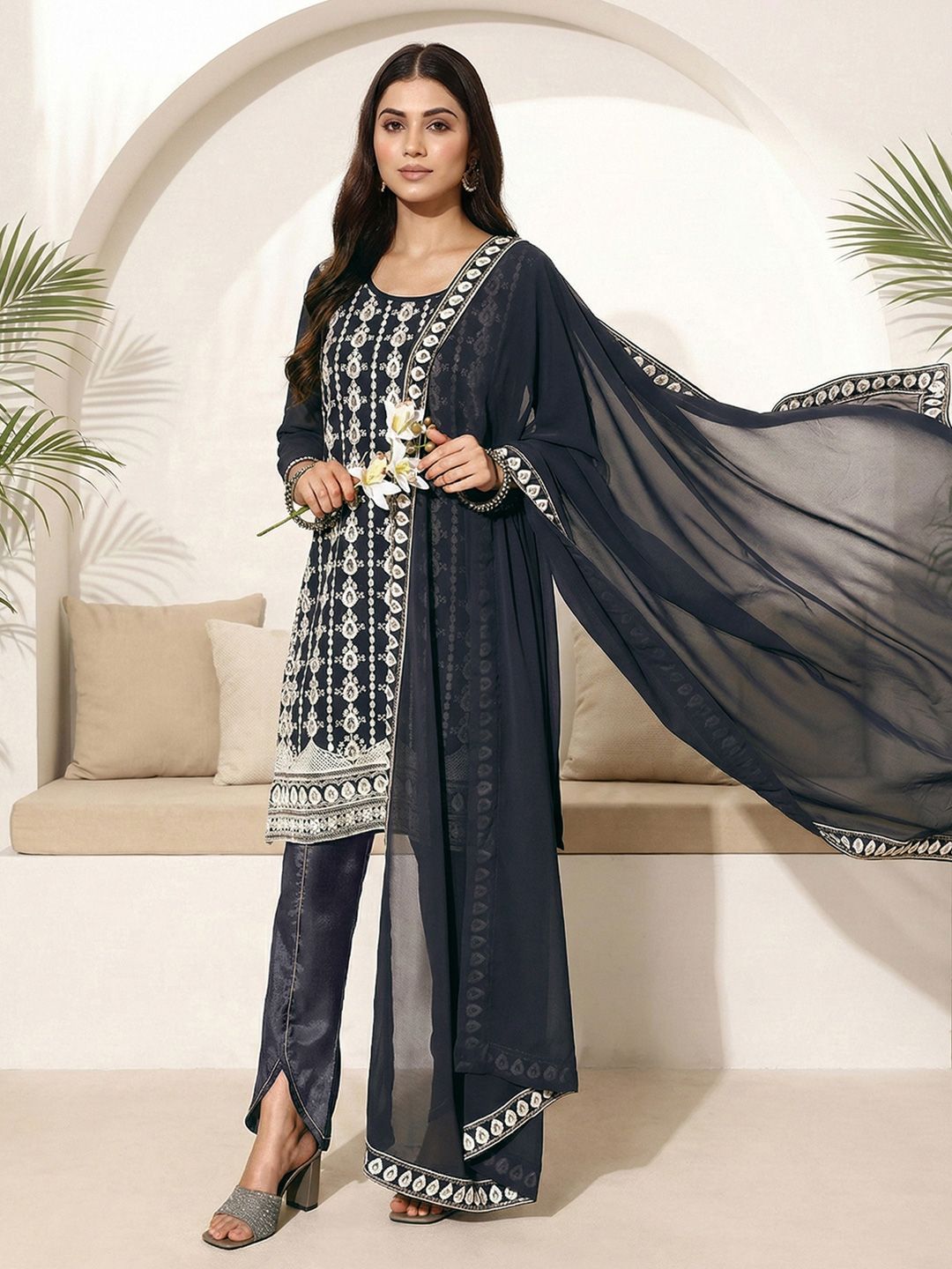 Dhiyona CH Women Ethnic Motifs Embroidered Regular Thread Work Kurta with Trousers & With Dupatta