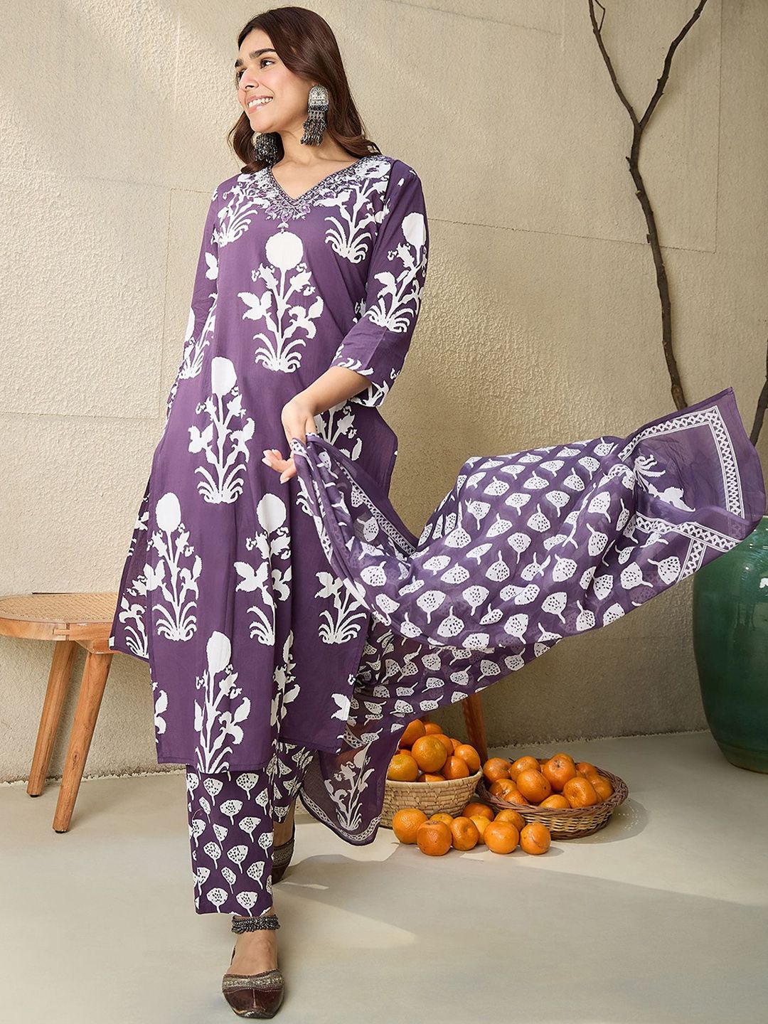 Women Ethnic Motifs Printed Mirror Work Pure Cotton Kurta with Trousers & Dupatta