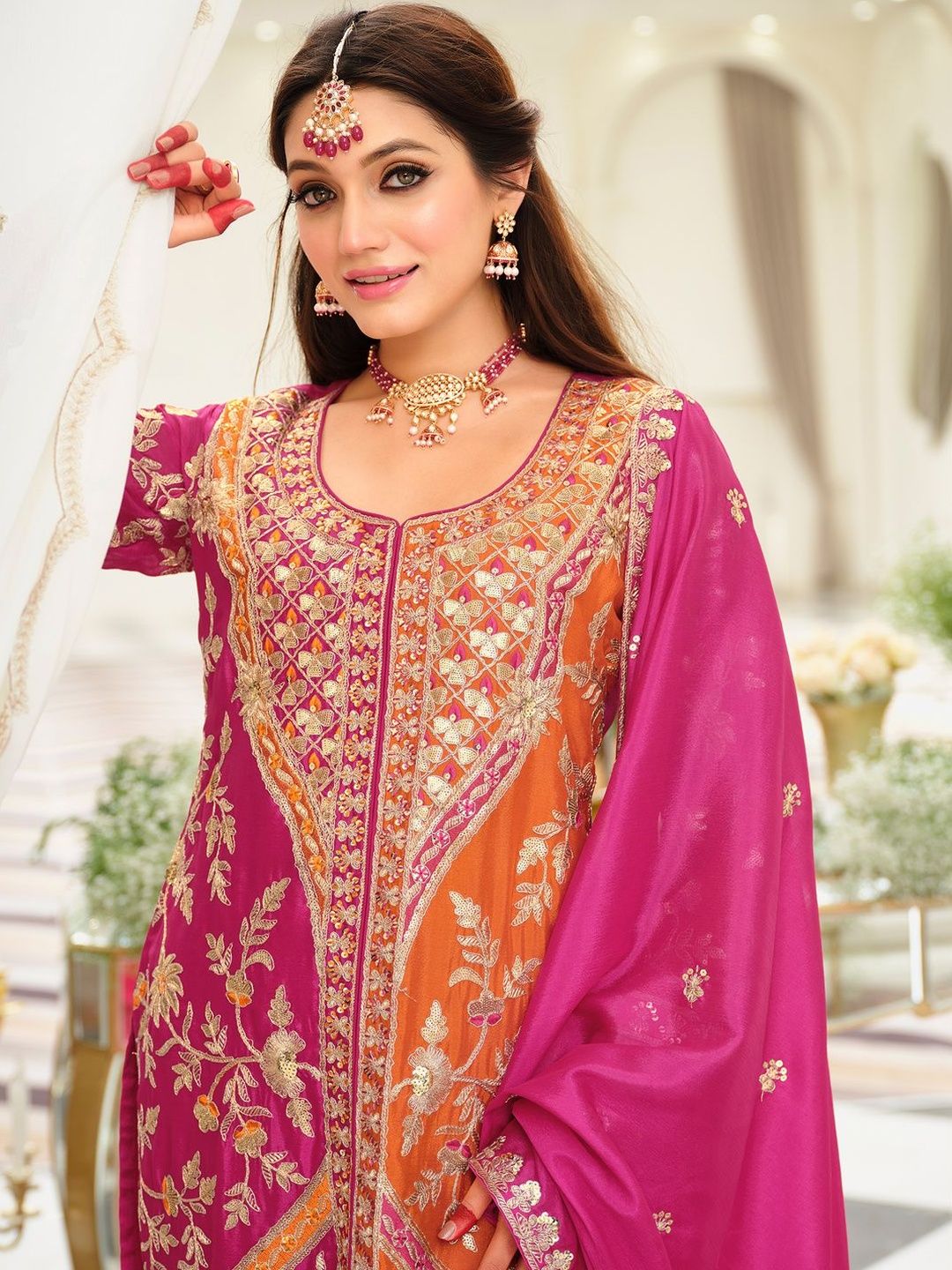 Women Ethnic Motifs Embroidered Panelled Kurta with Palazzos & Dupatta
