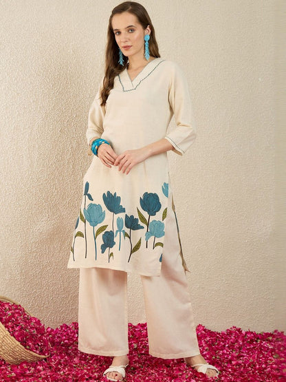 Women Floral Embroidered Regular Thread Work Pure Cotton Kurta with Palazzos