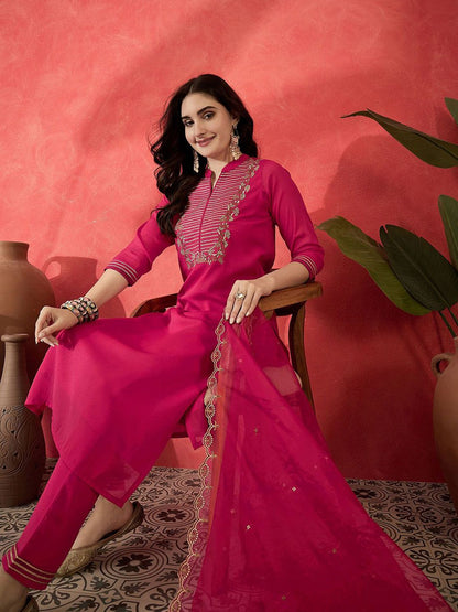 Dhiyona SN Women's Floral Embroidered Mandarin Collar Sequinned Straight Kurta Trousers & Dupatta