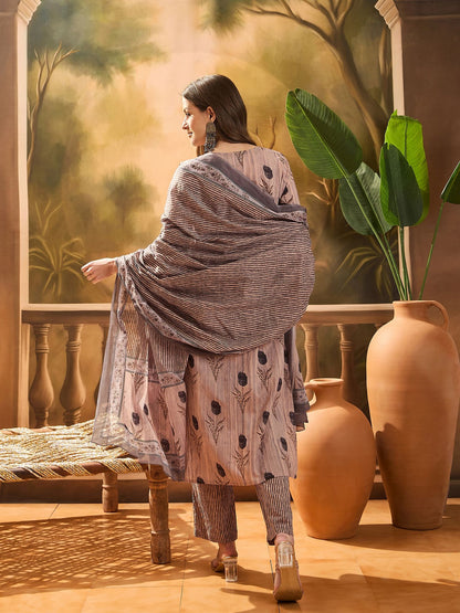 Dhiyona SN Women's Women's Grey Floral Printed Cotton Blend Straight Kurta Pant Dupatta Set
