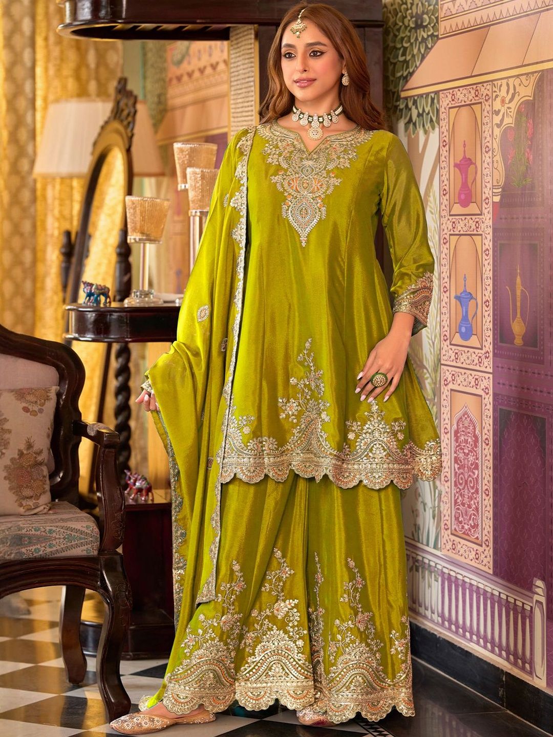 Dhiyona IE Women Ethnic Motifs Embroidered Kurta with Sharara & Dupatta