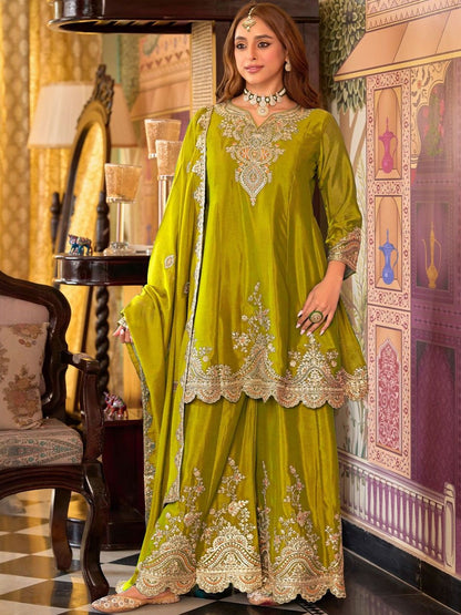 Dhiyona IE Women Ethnic Motifs Embroidered Kurta with Sharara & Dupatta