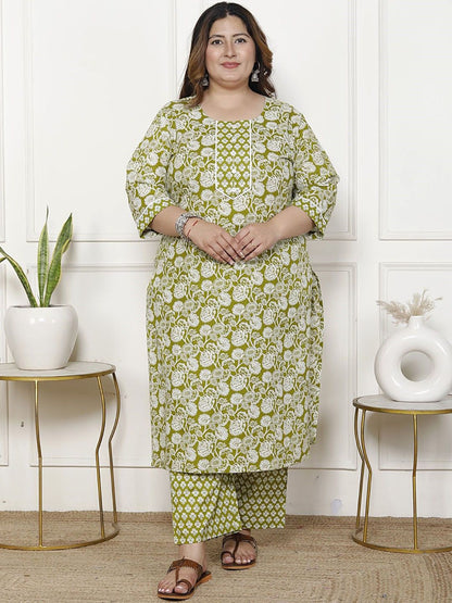 Dhiyona KL Women Floral Printed Regular Sequinned Pure Cotton Kurta with Trousers & With Dupatta