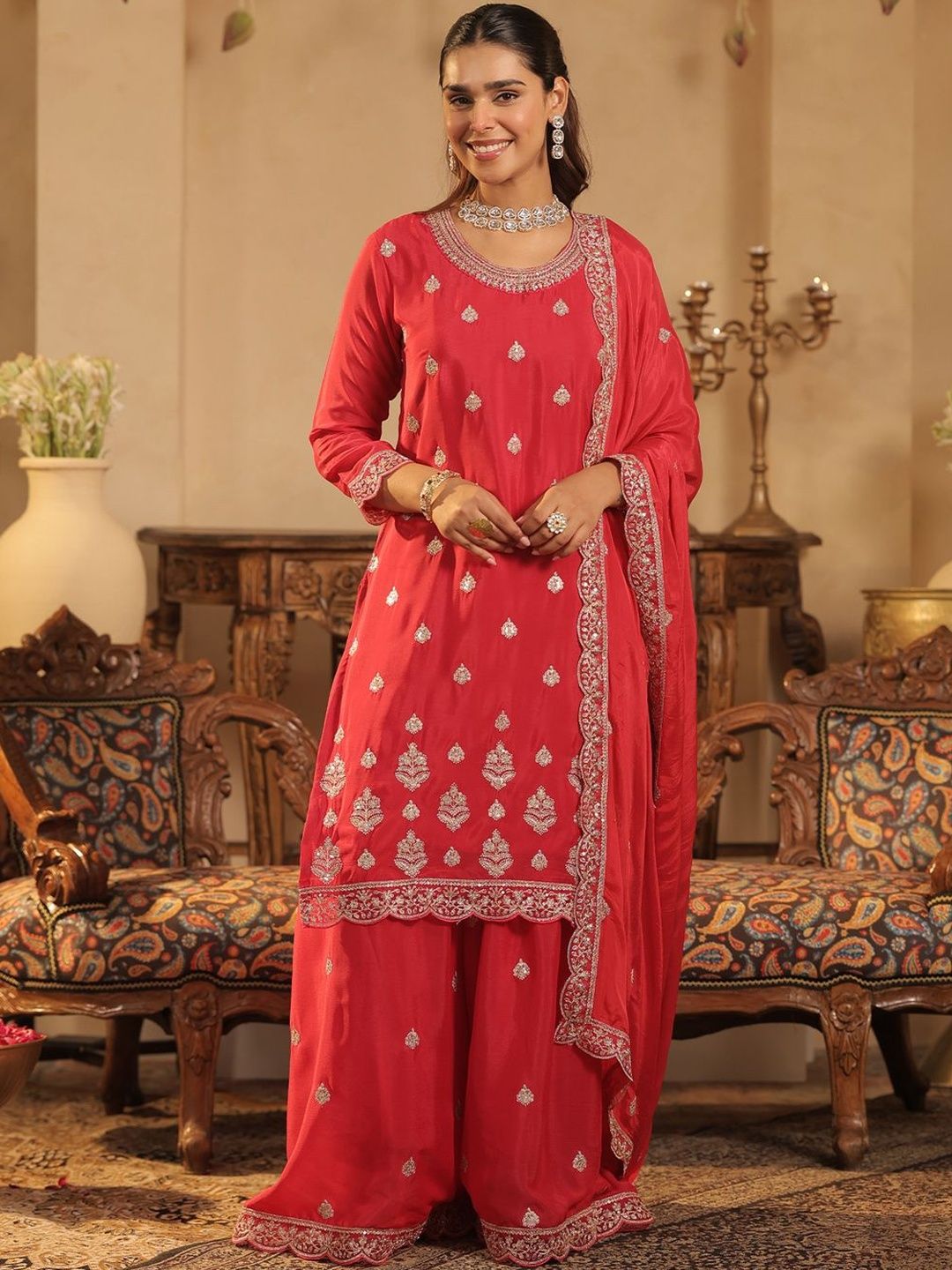 Dhiyona IE Ethnic Motifs Embroidered Straight Chinon Kurta & Palazzos With Dupatta