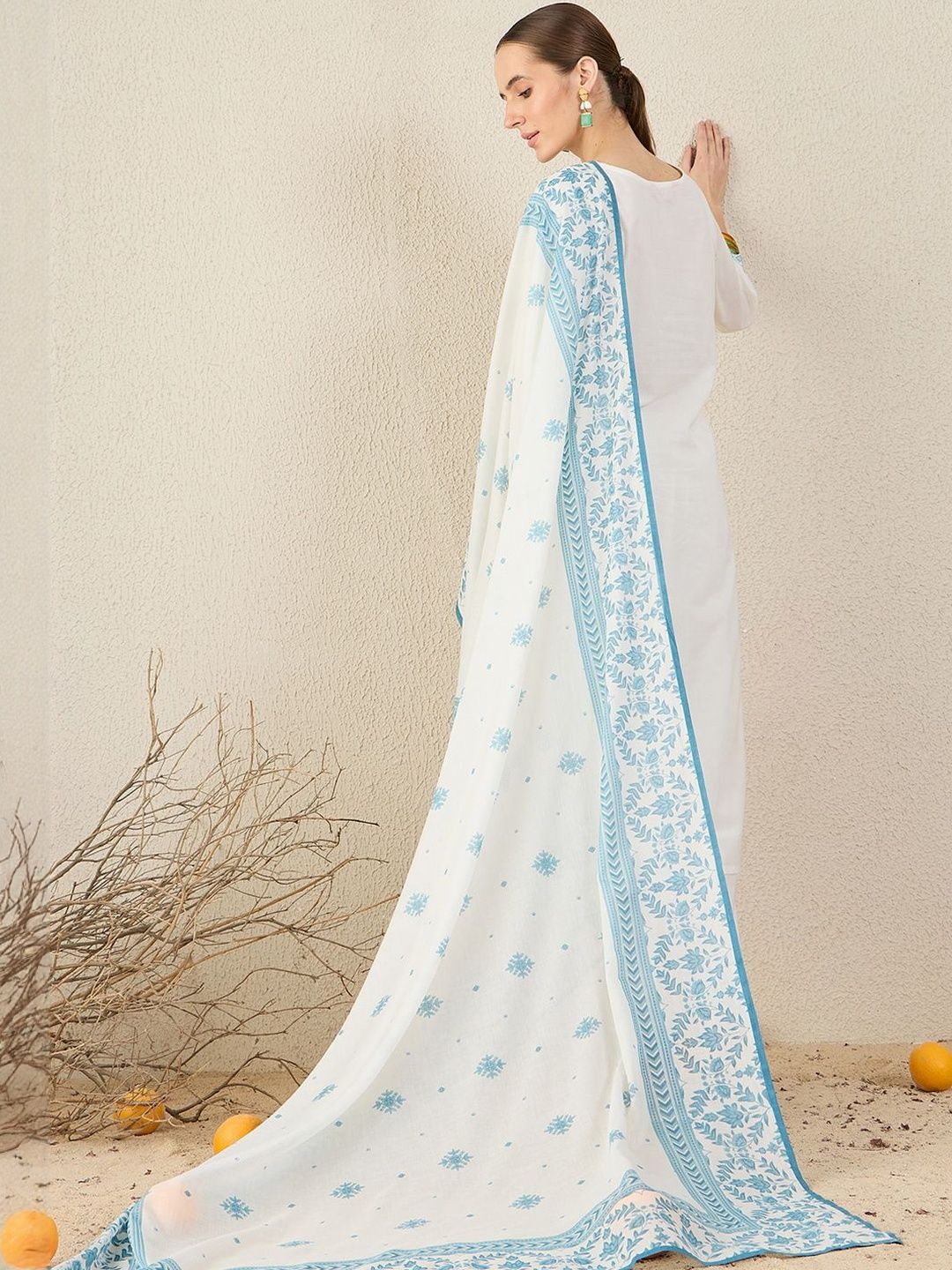 Floral Embroidered Straight Pure Cotton Kurta With Trousers & Dupatta