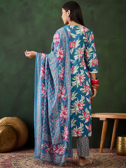 Dhiyona SN Women's Floral Embroidered Pure Cotton Straight Kurta With Trouser & Dupatta