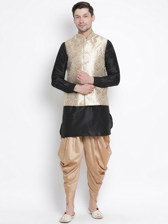 Men's Black Silk Blend Straight Jacket  Kurta and Dhoti Set