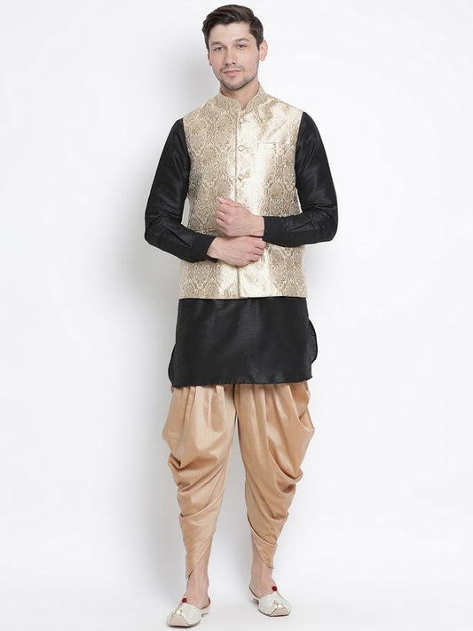 Men's Black Silk Blend Straight Jacket  Kurta and Dhoti Set