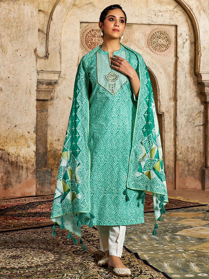 Dhiyona WP Women Ethnic Motifs Beads & Stones Pure Cotton Kurta & Trouser & Dupatta