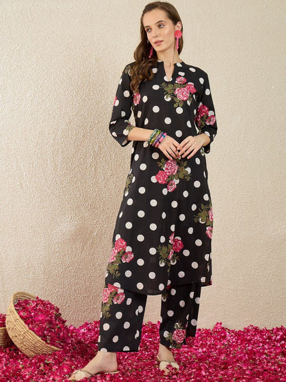 Dhiyona IE Printed Mandarin Collar Three-Quarter Sleeves Pure Cotton Top With Trousers