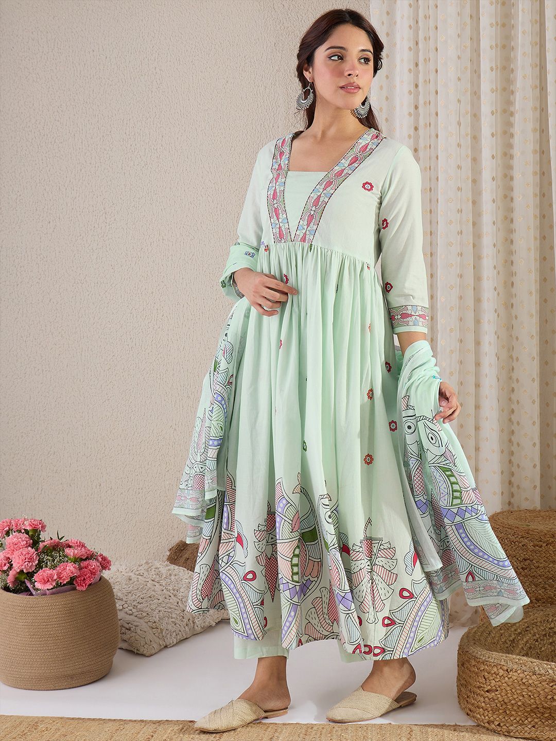 Dhiyona IE Women Ethnic Motifs Printed Pure Cotton Kurta with Trousers & Dupatta