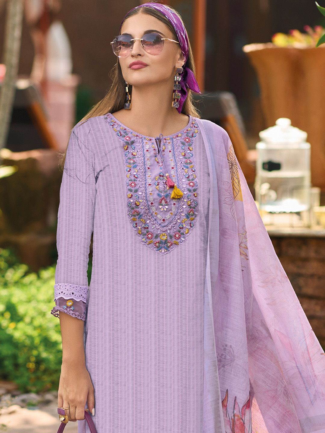 Dhiyona IE Lavender Floral Embroidered Tie Up Neck Pure Cotton Kurta with Trousers & Dupatta