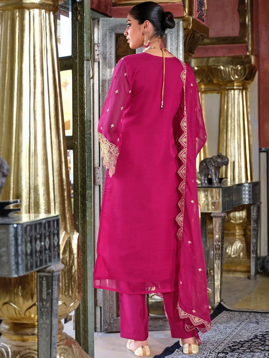 Ethnic Motifs Embroidered Zari V-Neck Straight Kurta & Palazzos With Dupatta