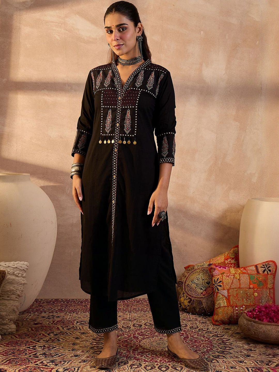 Women Embroidered Pure Cotton Kurta With Trousers & Dupatta Kurta Sets