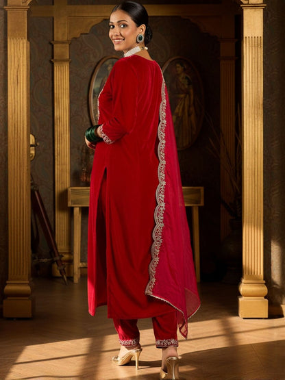 Embroidered Round Neck Thread Work Velvet Kurta With Trousers & Dupatta