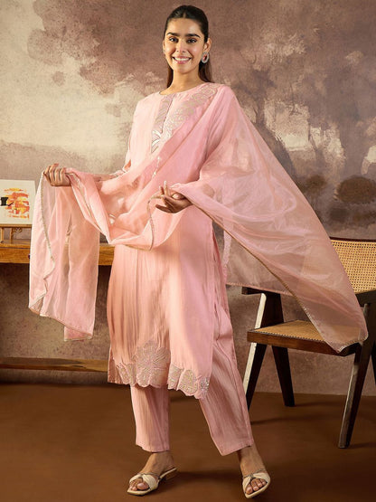 Women Solid Embroidered Kurta with Trousers & Dupatta