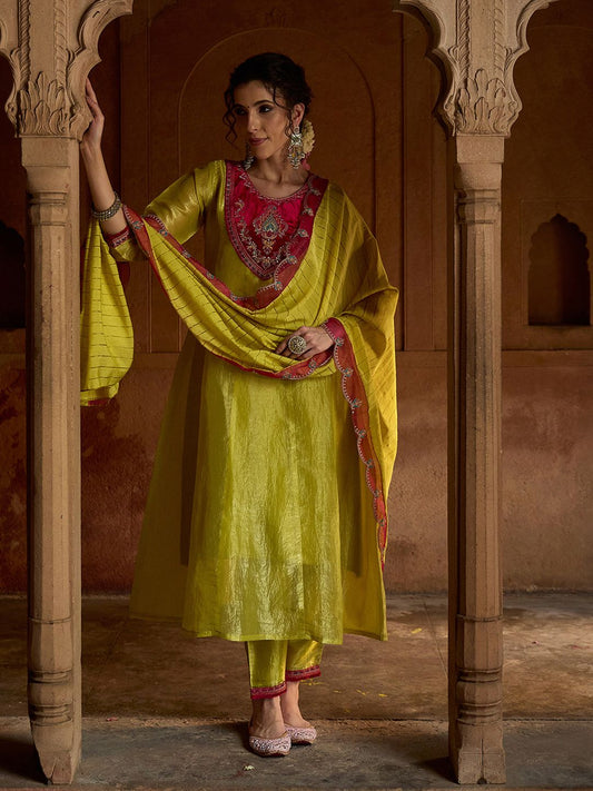 Dhiyona CH Floral Embroidered Sequinned A-Line Kurta With Trousers & Dupatta