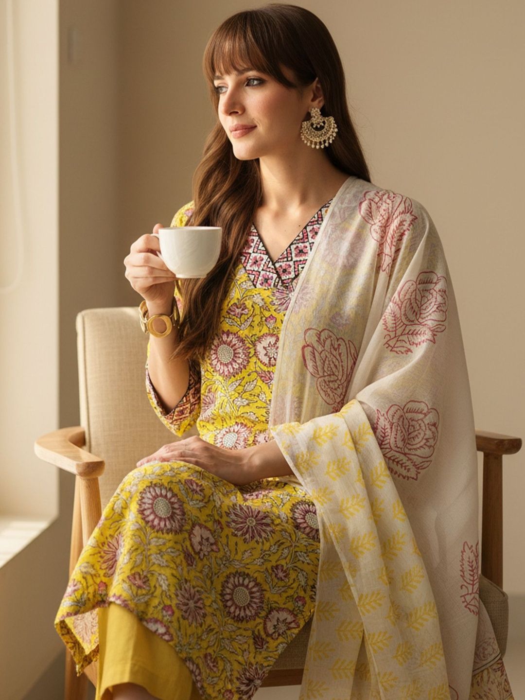 Floral Printed Pure Cotton Straight Kurta With Trousers & Dupatta