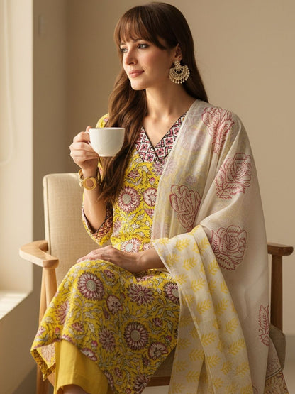Floral Printed Pure Cotton Straight Kurta With Trousers & Dupatta