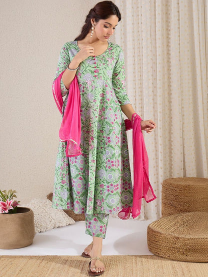 Women Floral Printed Regular Pure Cotton Kurta with Trousers & With Dupatta
