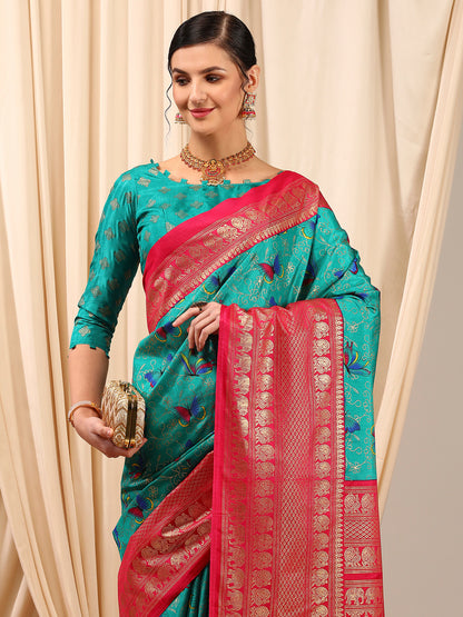 Women's Cotton Blend Blue Printed Designer Saree With Blouse Piece
