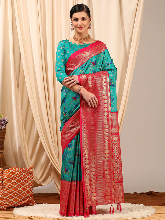 Women's Cotton Blend Blue Printed Designer Saree With Blouse Piece