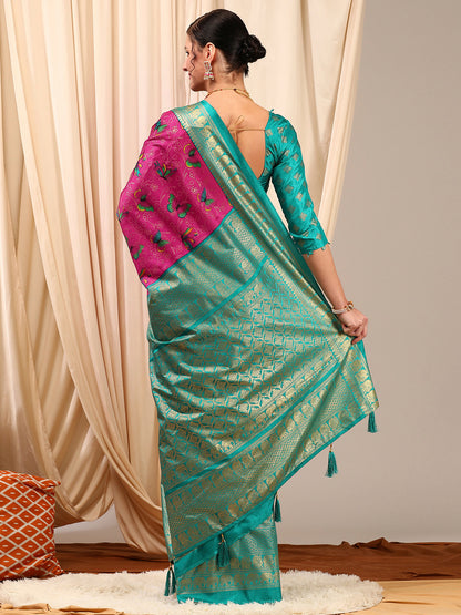 Women's Cotton Blend Pink Printed Designer Saree With Blouse Piece