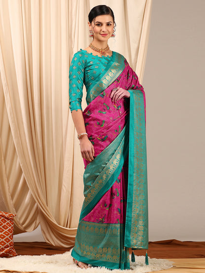 Women's Cotton Blend Pink Printed Designer Saree With Blouse Piece