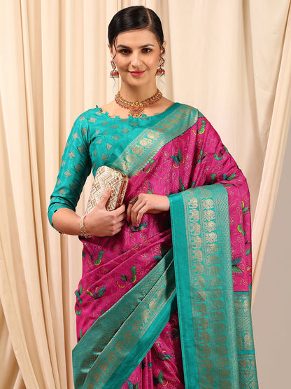 Women's Cotton Blend Pink Printed Designer Saree With Blouse Piece