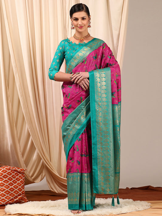 Women's Cotton Blend Pink Printed Designer Saree With Blouse Piece
