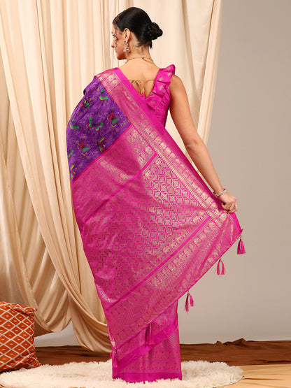 Women's Cotton Blend Purple Printed Designer Saree With Blouse Piece
