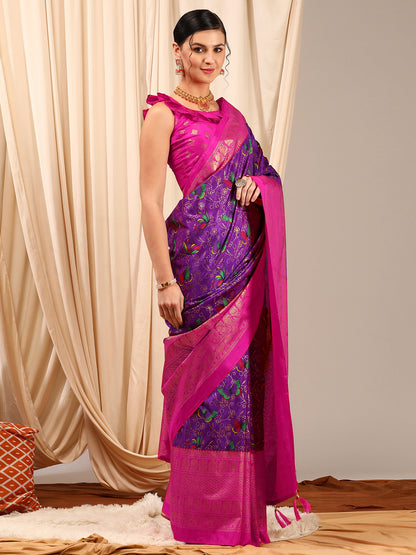 Women's Cotton Blend Purple Printed Designer Saree With Blouse Piece