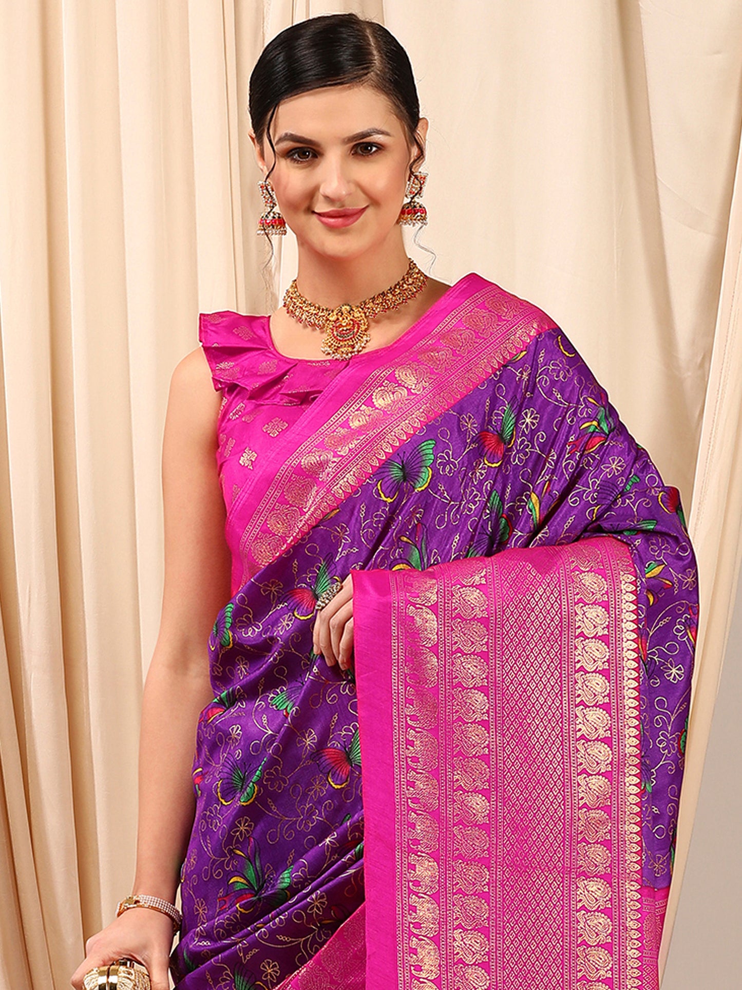 Women's Cotton Blend Purple Printed Designer Saree With Blouse Piece