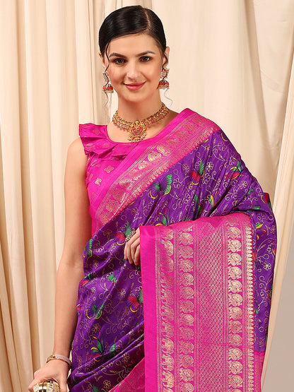 Women's Cotton Blend Purple Printed Designer Saree With Blouse Piece