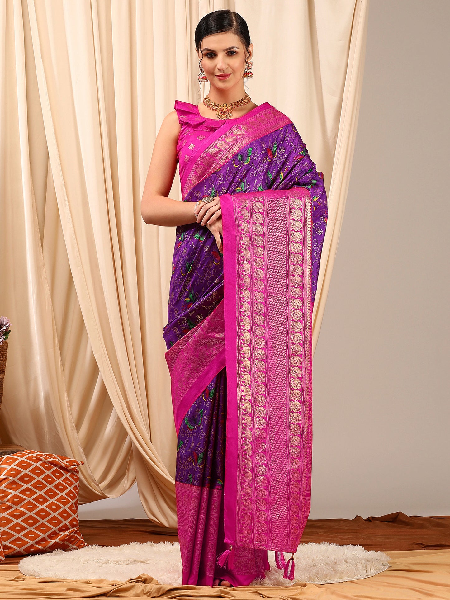Women's Cotton Blend Purple Printed Designer Saree With Blouse Piece