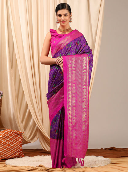 Women's Cotton Blend Purple Printed Designer Saree With Blouse Piece