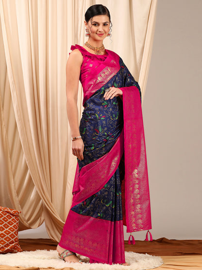Women's Cotton Blend Navy Blue Printed Designer Saree With Blouse Piece