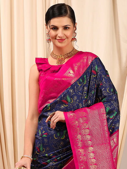 Women's Cotton Blend Navy Blue Printed Designer Saree With Blouse Piece