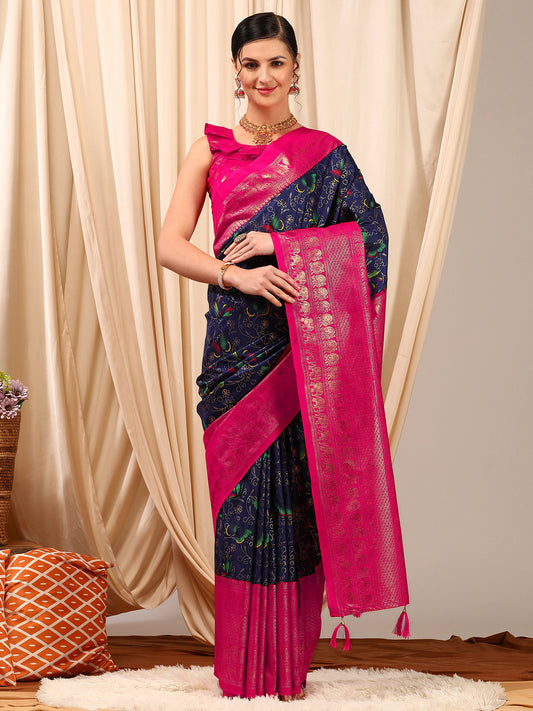 Women's Cotton Blend Navy Blue Printed Designer Saree With Blouse Piece