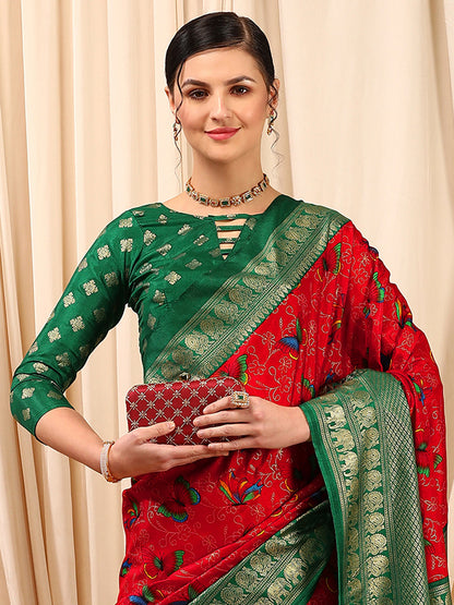 Women's Cotton Blend Red Printed Designer Saree With Blouse Piece