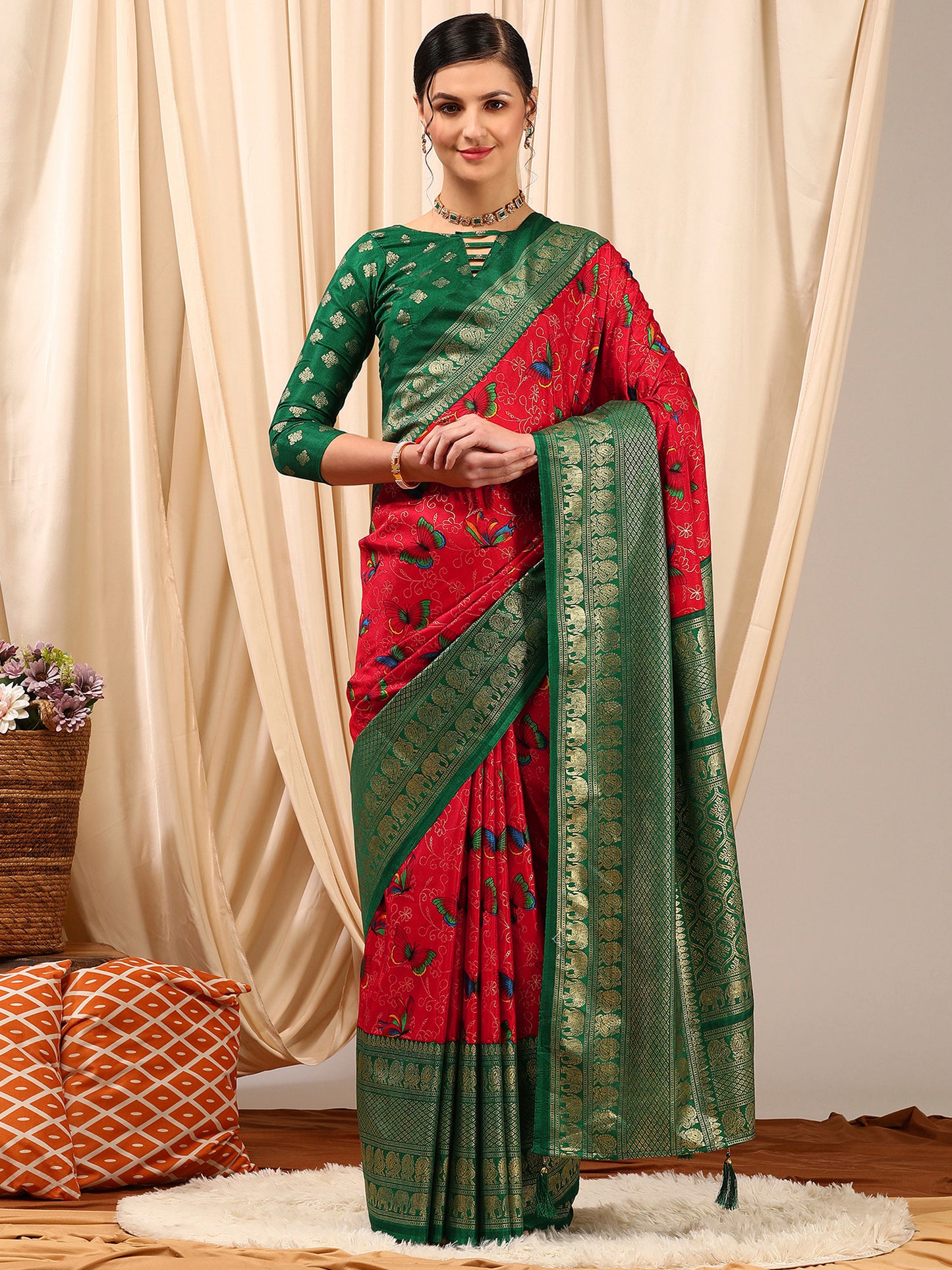 Women's Cotton Blend Red Printed Designer Saree With Blouse Piece