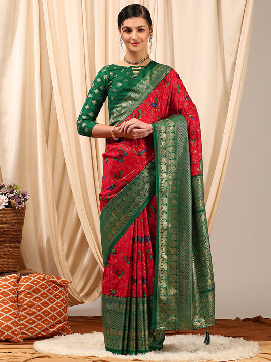Women's Cotton Blend Red Printed Designer Saree With Blouse Piece