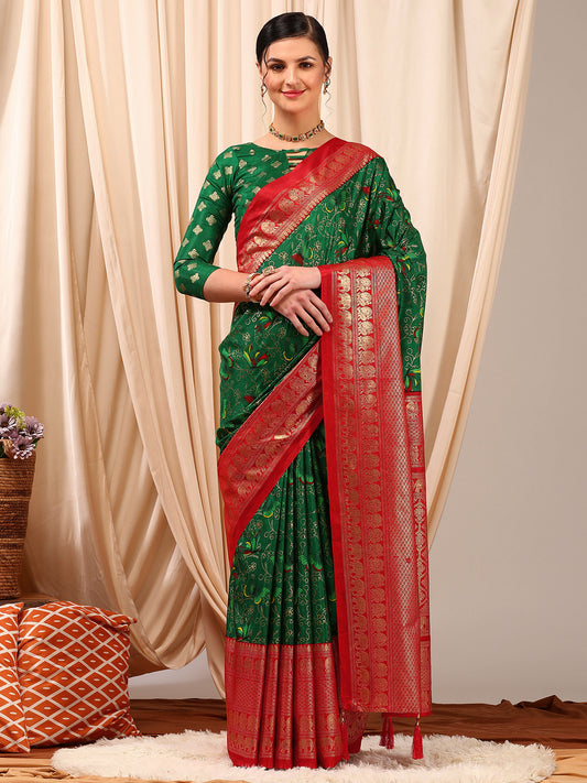 Women's Cotton Blend Green Printed Designer Saree With Blouse Piece