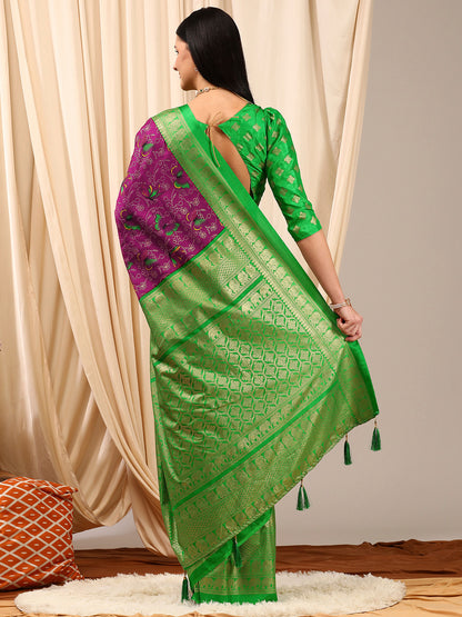 Women's Cotton Blend Purple Printed Designer Saree With Blouse Piece