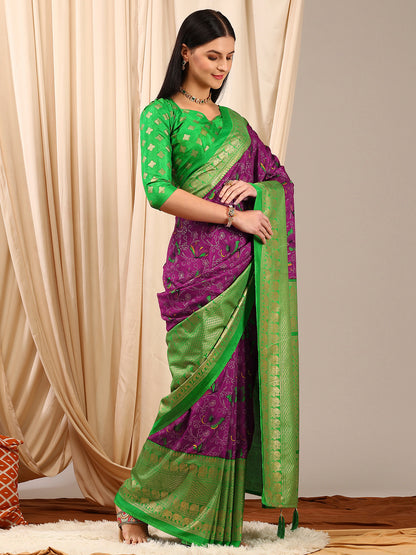 Women's Cotton Blend Purple Printed Designer Saree With Blouse Piece