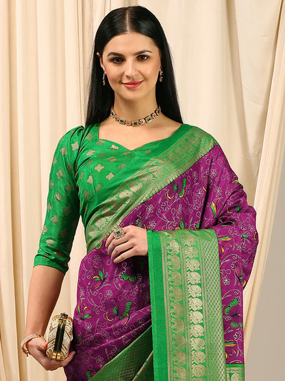 Women's Cotton Blend Purple Printed Designer Saree With Blouse Piece