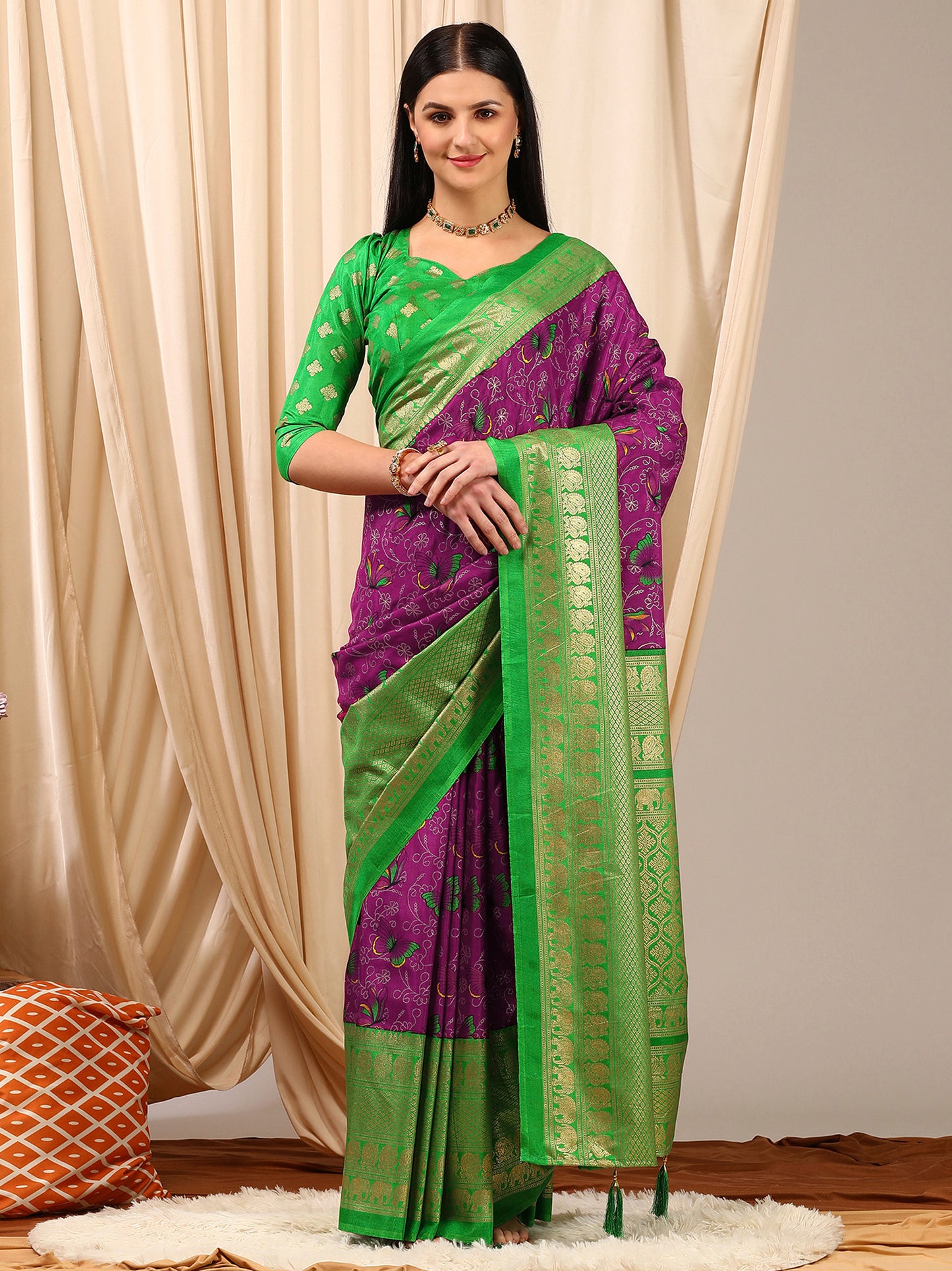 Women's Cotton Blend Purple Printed Designer Saree With Blouse Piece